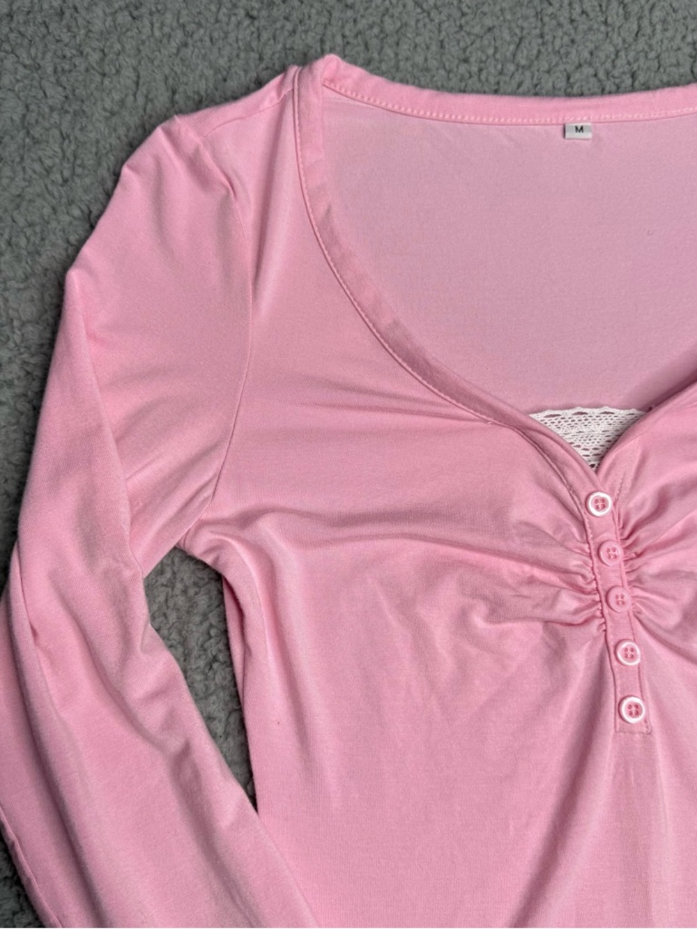 Pink ruched henley long sleeve top lace inset fitted soft girl size M - Picture 2 of 7